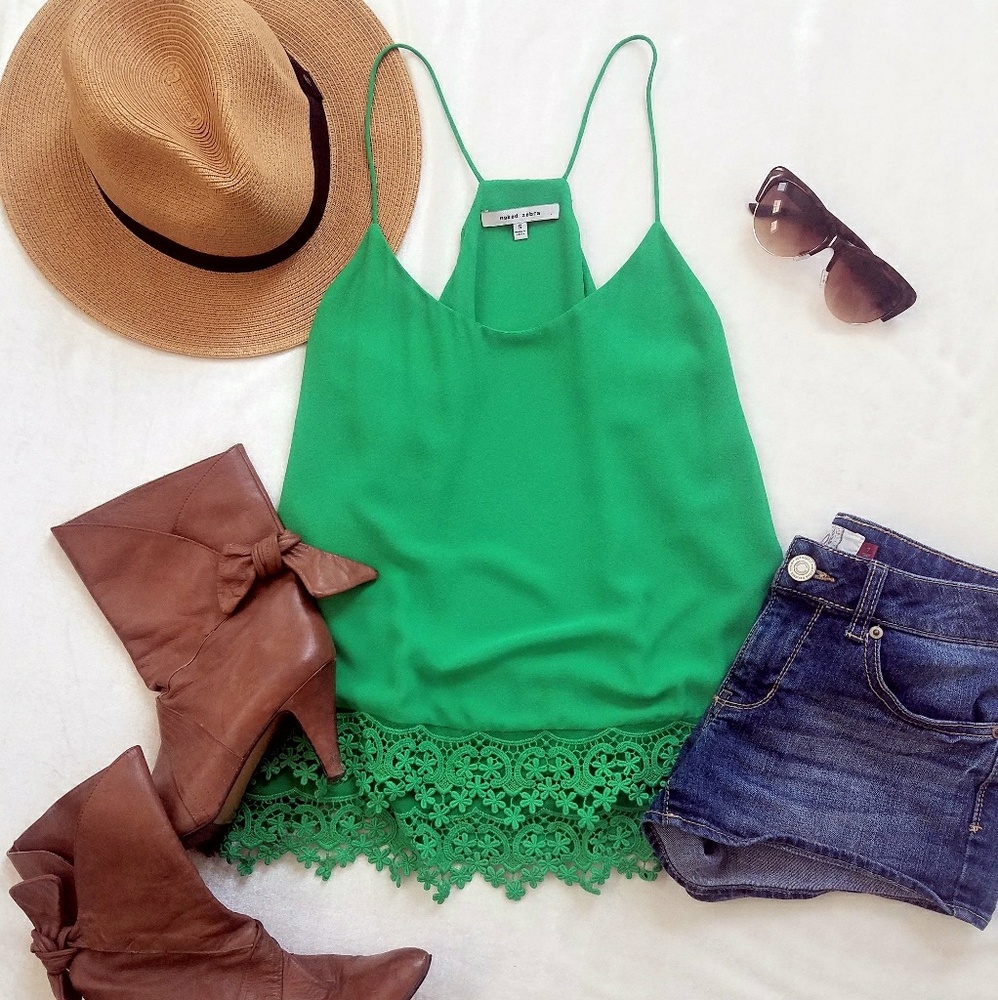 True green crochet detail tank top